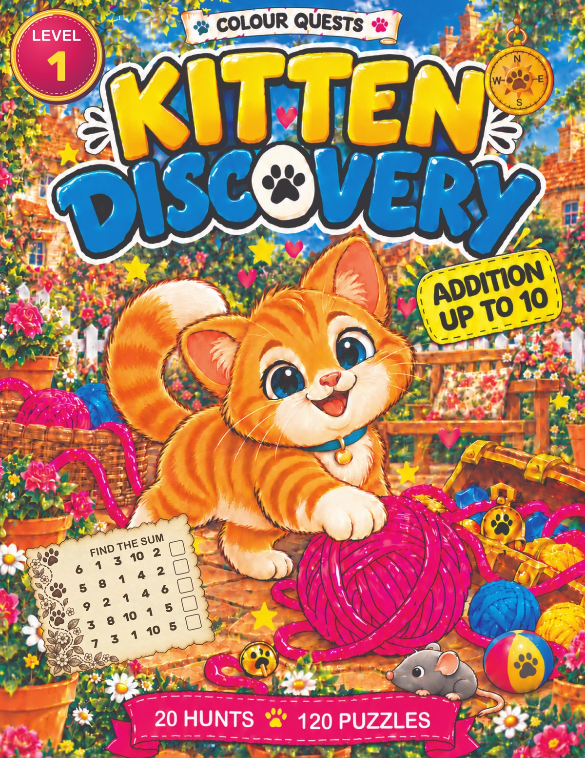 Kitten Discovery workbook cover with an orange kitten in a colourful garden