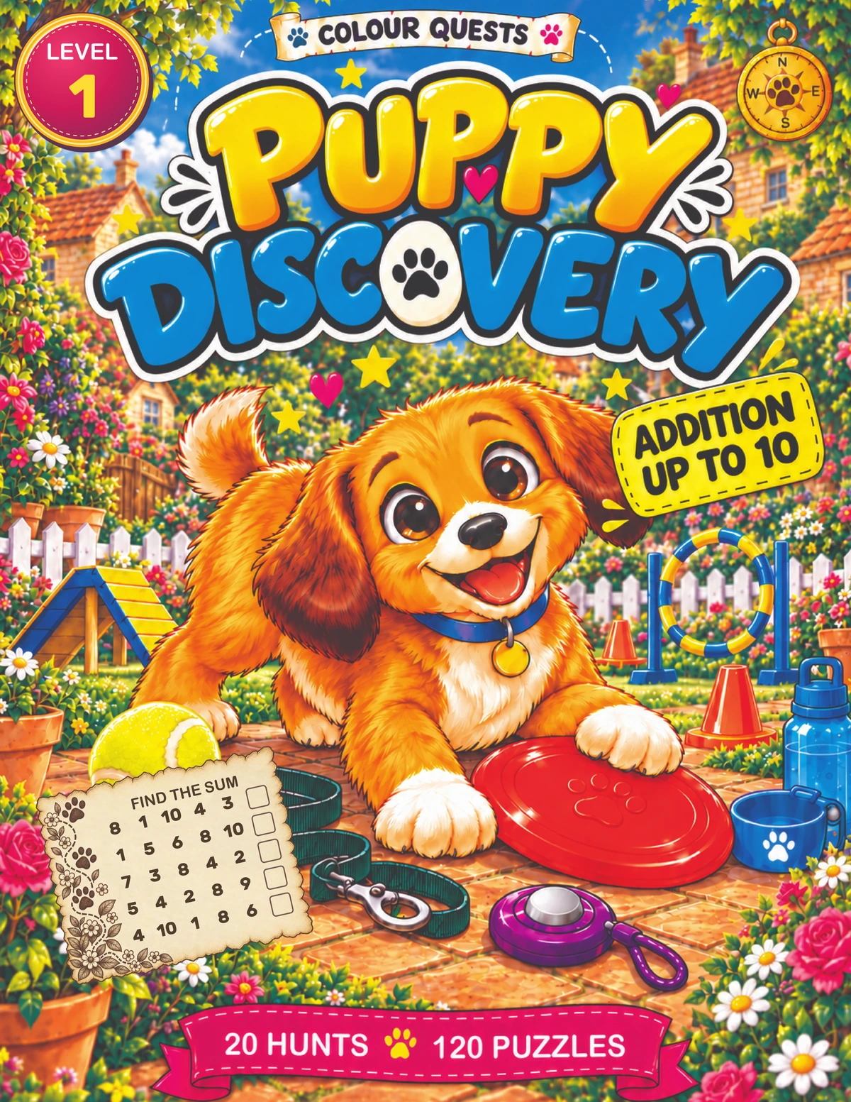 Workbook cover for Puppy Discovery with an orange puppy, a flying disc and play equipment