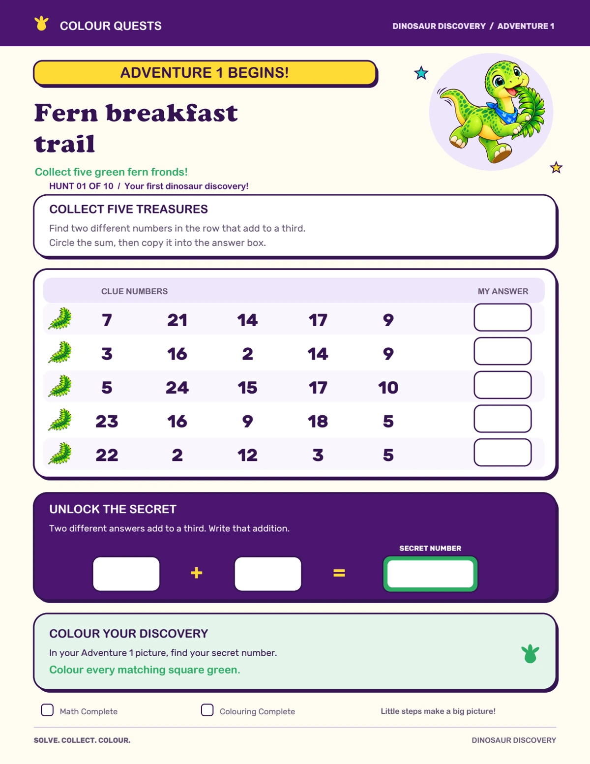 Dinosaur Discovery: Fern breakfast trail, five number rows and a secret addition