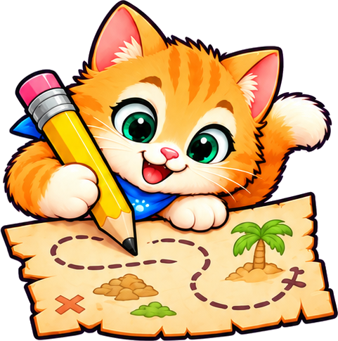 The workbook’s orange explorer kitten holding a pencil and treasure map
