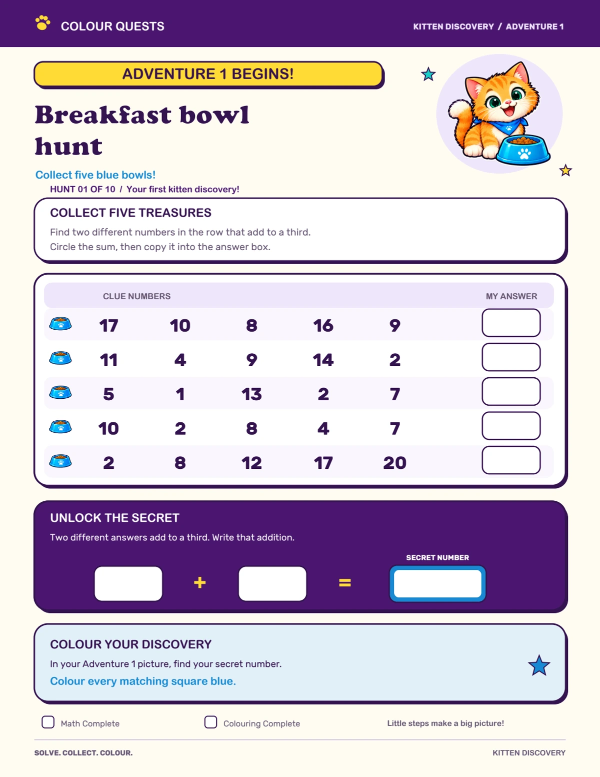 Kitten Discovery: Breakfast bowl hunt, five number rows and a secret addition