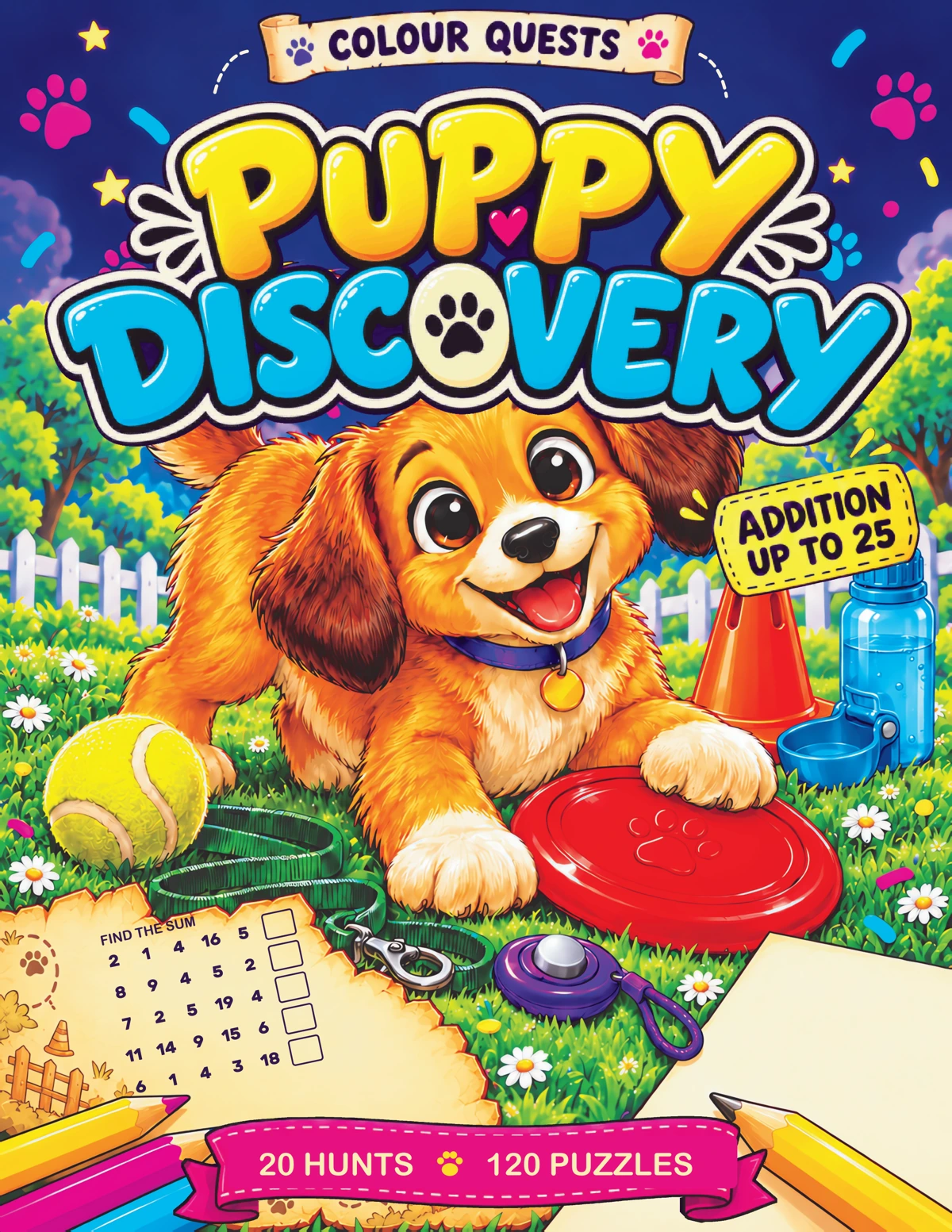 Development cover for Puppy Discovery with an orange puppy, a flying disc and play equipment